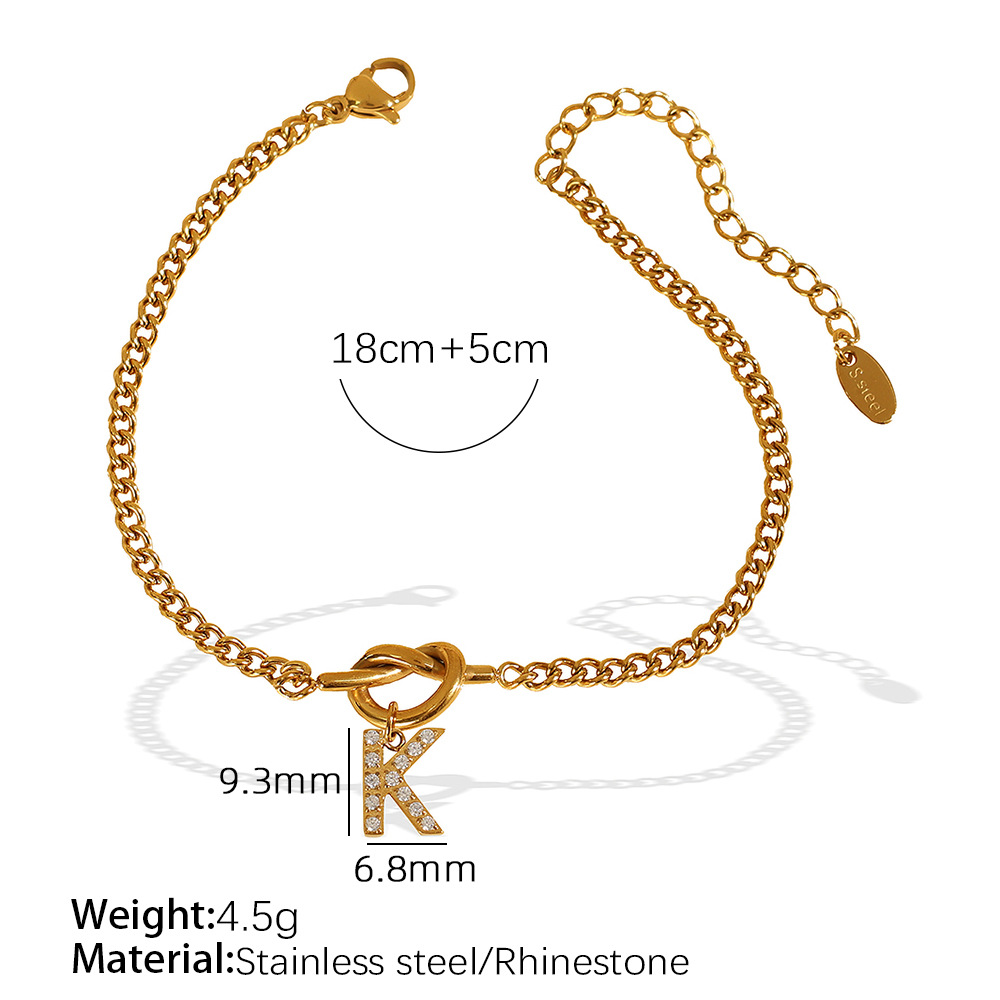 Gold color / 1 Piece Simple Series Simple Letter K Stainless Steel 18K Gold Color Plated Rhinestone Women's Charm Bracelets Picture11